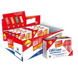 Gli-Instan Lowçucar Sabor MORANGO Glicose Instantânea display com 12 cartuchos de 5 unid de 15g